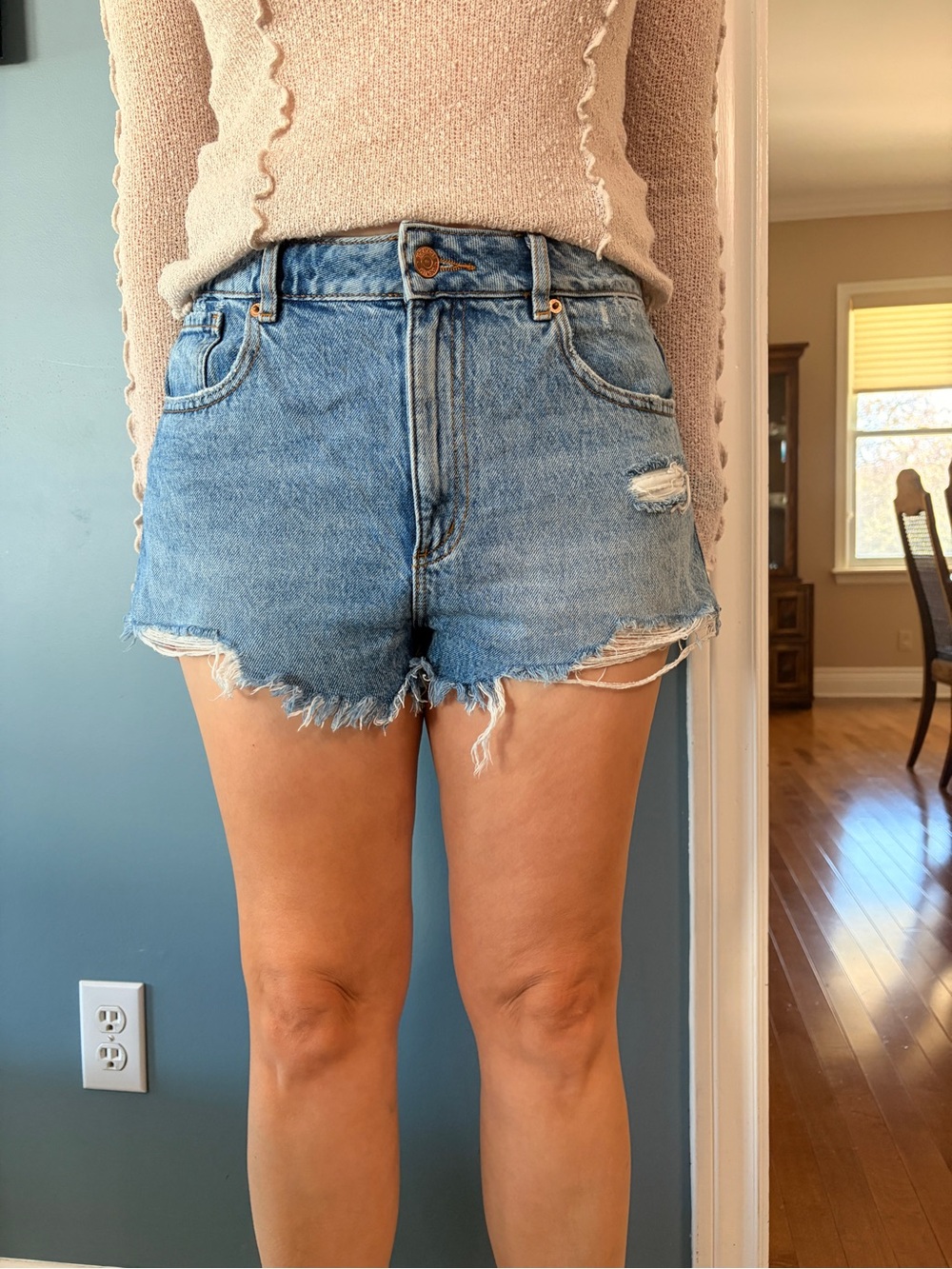 High-Rise Light Blue Denim Frayed Hem Women's Shorts